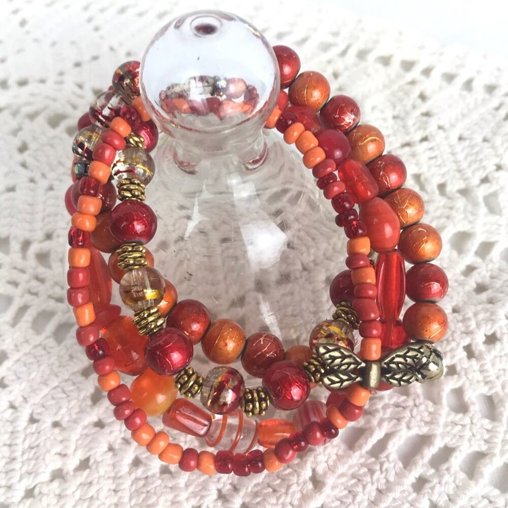 Dragonfly Coral Orange Brass Stackable Bracelets